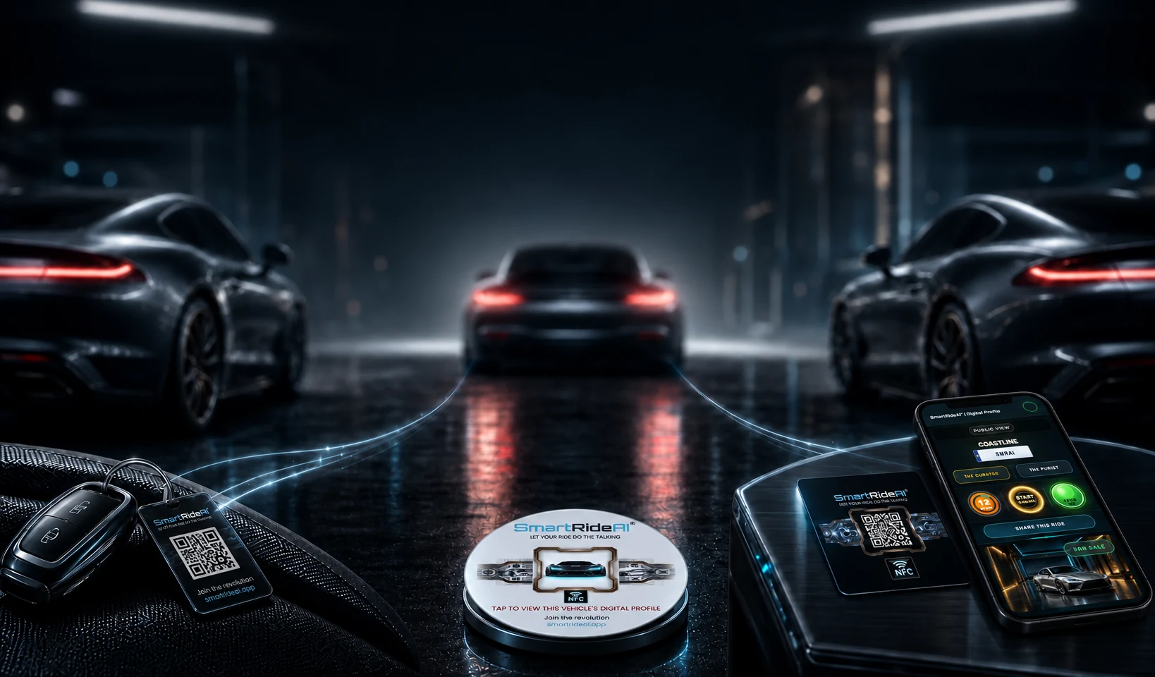SmartRideAI QR key tag, round NFC badge and smart card beside a phone showing a public vehicle profile