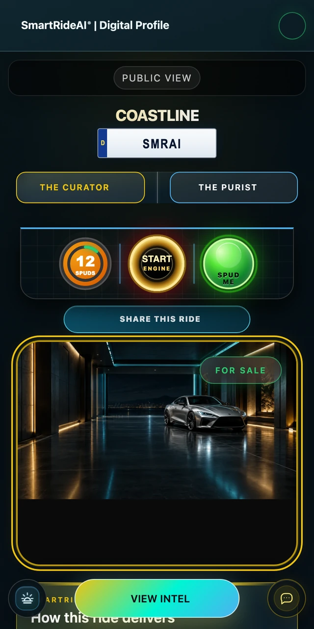 Example of the SmartRideAI public vehicle profile, showing the ride name, Start Engine and vehicle photo